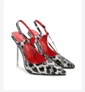 Seductive pointed toe leopard print slingback high heels with striking metal stiletto heel.