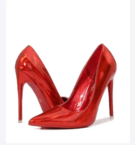 Glossy red stiletto high heels for women, sexy pointed toe pump shoes for party and nightclub.