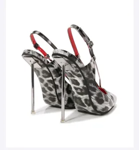 Sexy leopard print pointed toe slingback high heels with metal stiletto heels for women.