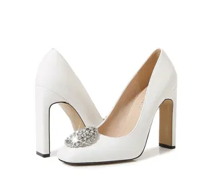 White patent leather high heels with sparkling crystal buckle, square toe block heel dress shoes