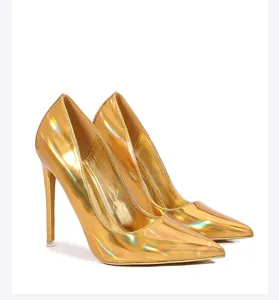 Glossy gold metallic pointed toe stiletto high heels for women fashion party shoes