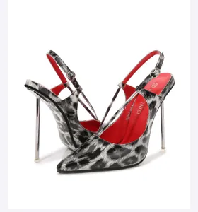 Black and white leopard print slingback high heels with metallic stiletto heel and red lining detail.