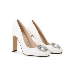 White patent leather high heels with square toe and sparkling rhinestone buckle for women.