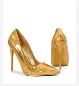 Gorgeous gold metallic stiletto high heels featuring pointed toe for party and club wear.