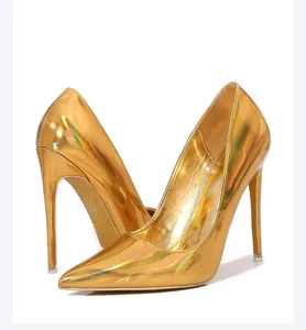 Gold metallic stiletto high heels women pointed toe sexy party pumps shiny shoes