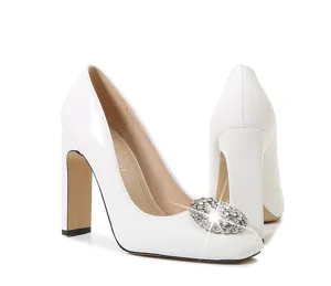 White patent leather chunky high heels with sparkling crystal square toe dress shoes