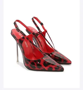 Sexy red leopard print slingback high heels with metal stiletto heels for women party clubwear.