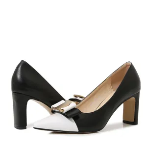 French vintage black white block heel pumps women classy bow high heels dress shoes
