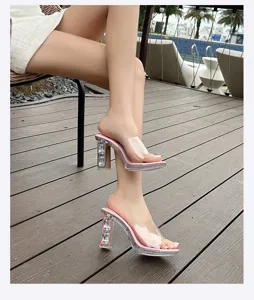Chunky high heel sandals for women with clear strap and sparkly rhinestone block heels.