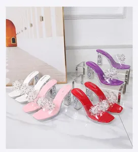 Crystal rhinestone chunky heel transparent slippers open toe high heels fashion shoes