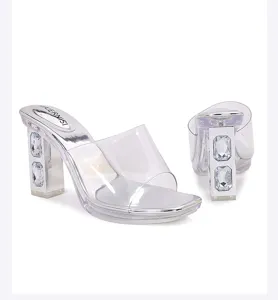 Transparent Chunky Heel Rhinestone High Heel Sandals with Platform Clear PVC Upper
