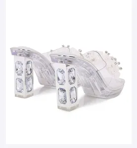 Crystal rhinestone transparent chunky heel mules fashion open toe high heel slippers for women