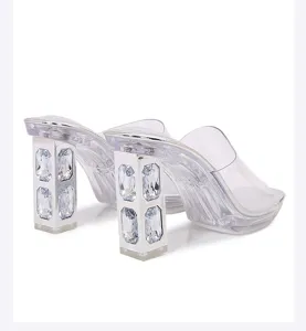 Transparent crystal chunky heel sandals with platform for women fashion summer party wear shoes