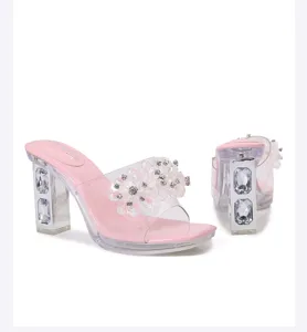 Clear crystal rhinestone high heel slippers pink chunky sandals for women party wedding shoes