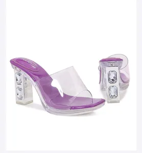 Purple clear chunky high heel sandals with rhinestone embedded block heels and PVC straps.