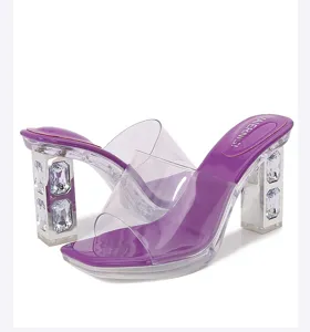 Purple clear strap high heel sandals with rhinestone chunky heels and platform sole for women.