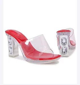Red high heel sandals for women, chunky heel with rhinestones, clear PVC strap platform.