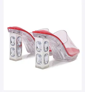 Detailed view of women clear chunky heel sandals with sparkling rhinestones on square heel.