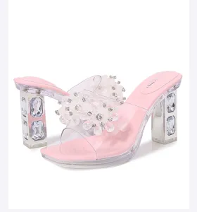 Pink crystal chunky heel transparent mules with floral rhinestone strap for women summer.