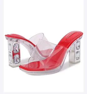Red high heel sandals with clear PVC strap and rhinestone block heel platform fashion shoes.