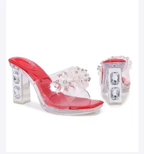 Clear chunky heel rhinestone slide sandals detail view, fashion open toe summer shoes.