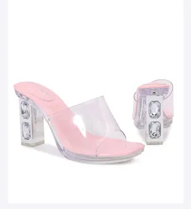 Chic pink clear high heel sandals with crystal block heels and platform for women fashion.