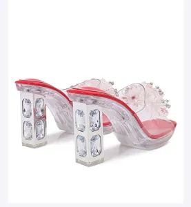 Crystal rhinestone thick block heel transparent slippers open toe sandals detail view