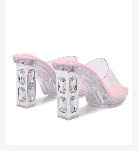 Clear chunky heel sandals with pink insoles and sparkling rhinestone crystal block heels.