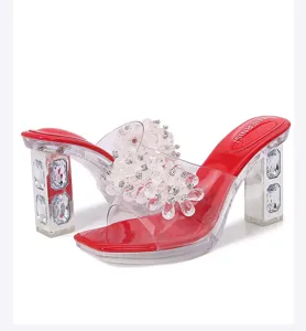 Stylish crystal flower chunky high heels transparent clear platform mules for women shoes.
