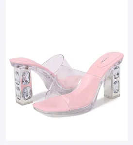 Pink transparent high heels rhinestone chunky platform mules elegant women fashion sandals shoes