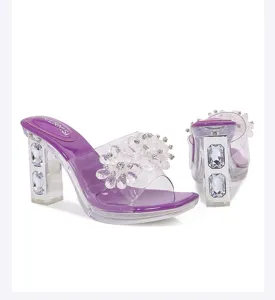 Detail view of crystal floral transparent block heel mules, elegant open toe purple high heels.