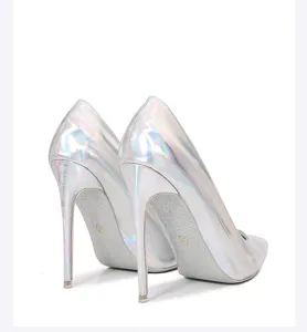 Silver holographic stiletto high heels with glitter sole, pointed toe pumps for women.