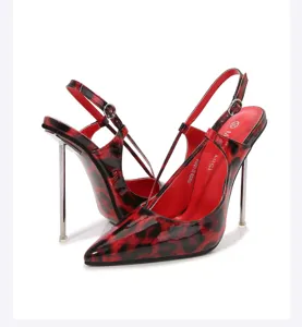 Red and black leopard print stiletto heel detail showing metallic heel and slingback strap.