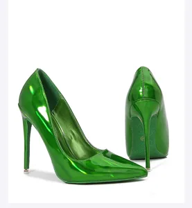 Glossy green stiletto high heels, pointed toe design, elegant women's dress fashion pumps.