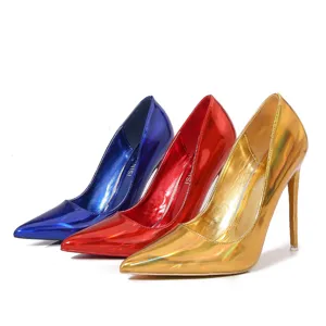 Women metallic pointed toe stiletto high heels party pumps shoes in blue red gold