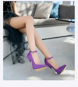 Women purple patent leather high heels with 16cm metal stiletto heel and ankle strap.