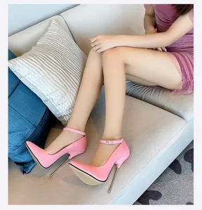 Pink patent leather metal stiletto high heels with ankle straps for women party club wear.