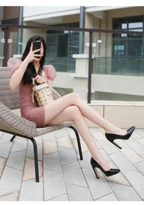 Black patent leather square toe block high heels women fashion pumps for dress and work.