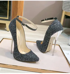 Zapatos mujer tacón alto aguja punta fina purpurina tira tobillo fiesta negros