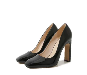 Elegant black patent leather square toe chunky high heel pumps for women daily wear.