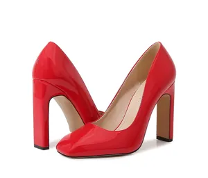 Red patent leather block heel pumps for women, stylish square toe dress shoes for weddings.