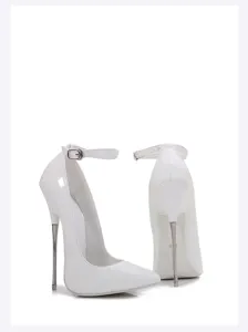 White patent leather high heels with metal stiletto blade heel and ankle strap for women.