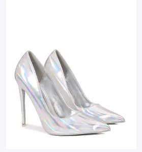 Silver holographic pointed toe stiletto high heels for women party dress shoes.