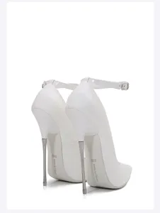 Close-up detail of white patent leather stiletto high heels with metal heel and ankle strap.