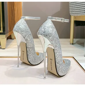 Zapatos De Tacón Alto Con Purpurina Plateada Mujer Lujo Tacón Metal Tira Tobillo