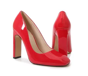 Red patent leather square toe chunky high heel shoe detail, glossy finish side view.