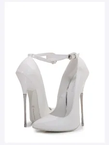 Elegant white patent leather high heels with ultra-thin metal stiletto heel and ankle strap.