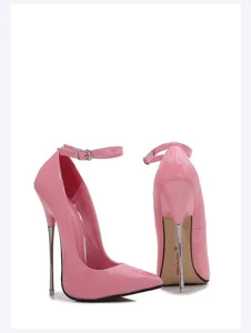 Close-up detail of glossy pink high heels featuring ultra-slim metal stiletto heels.