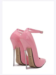 Stylish pink patent leather high heels featuring a slender metal stiletto heel and ankle strap.