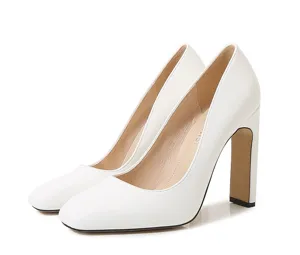 Elegant white patent leather square toe chunky high heels women fashion dress shoes